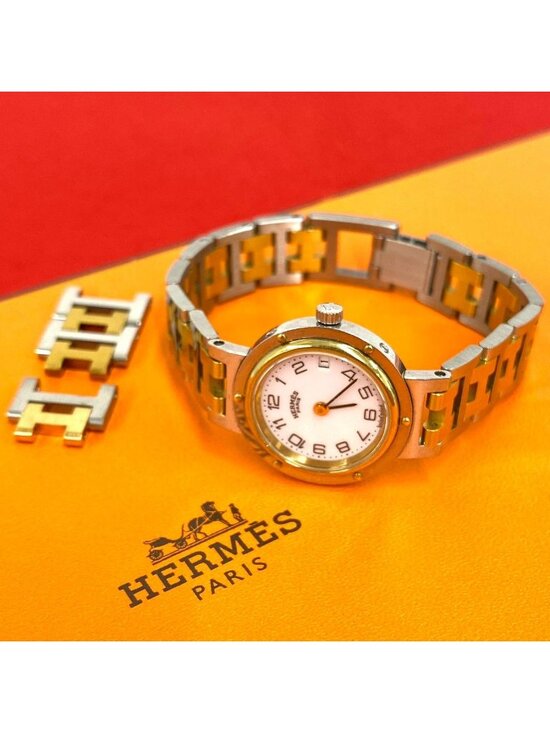 Hermes Vintage Clipper Stainless Steel Quartz Watch Wrist Silver Gold main image 7